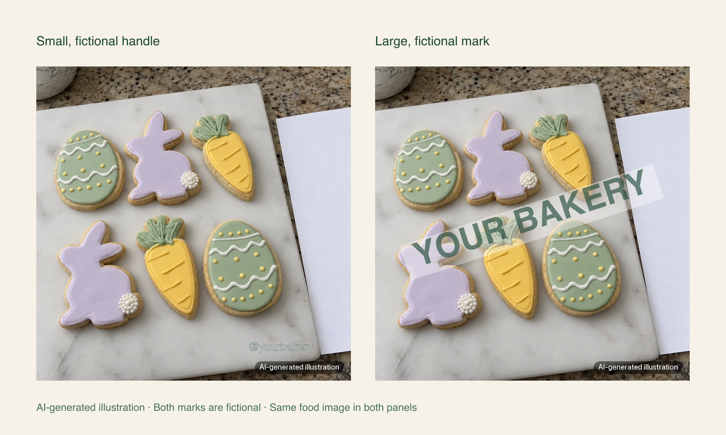 The same AI-generated pastel cookie illustration twice: a small fictional handle near the edge on the left, and a large fictional bakery mark covering the designs on the right.