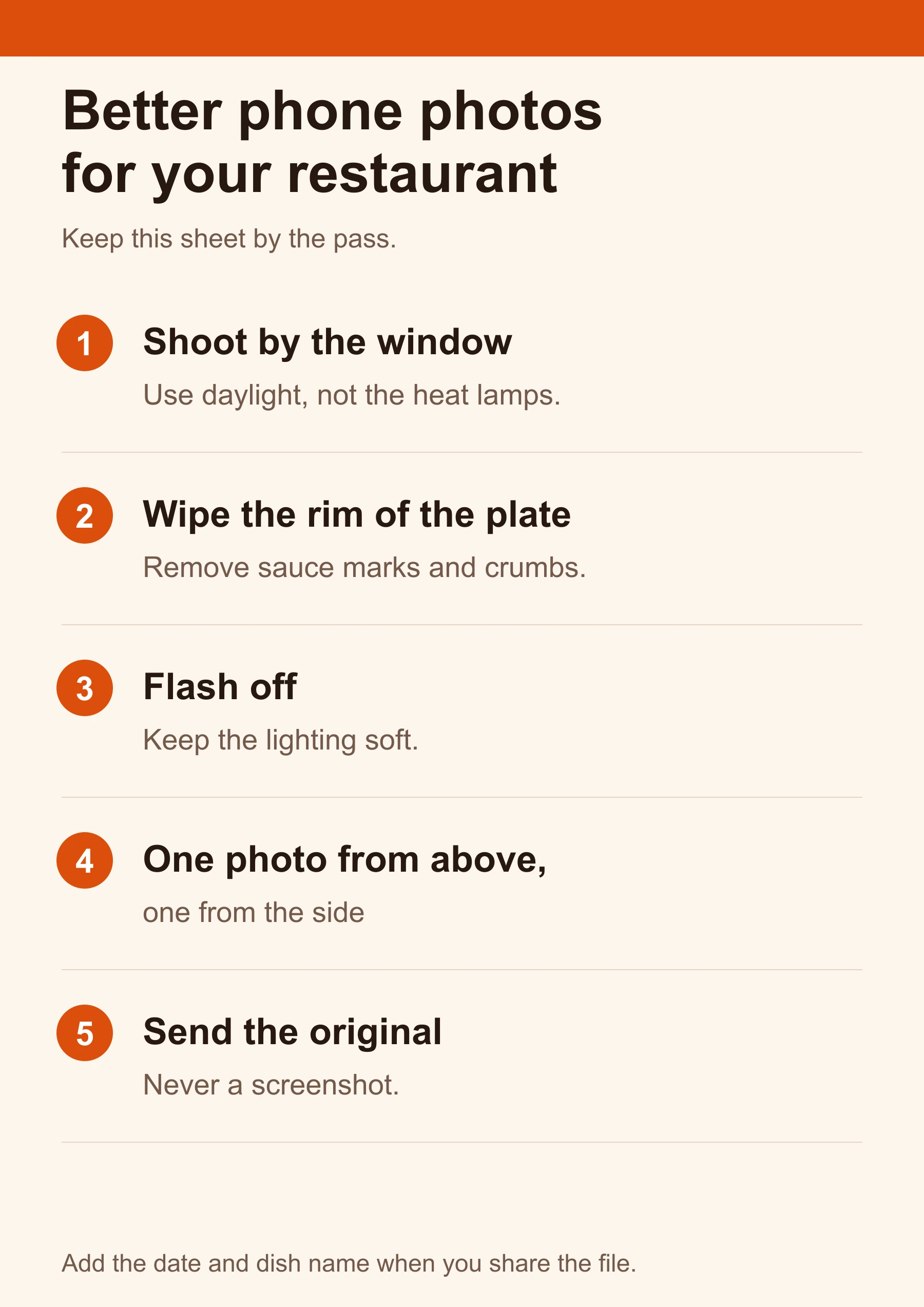 A five-point restaurant phone photography checklist: shoot by the window, wipe the plate rim, turn flash off, take one photo from above and one from the side, and send the original file.