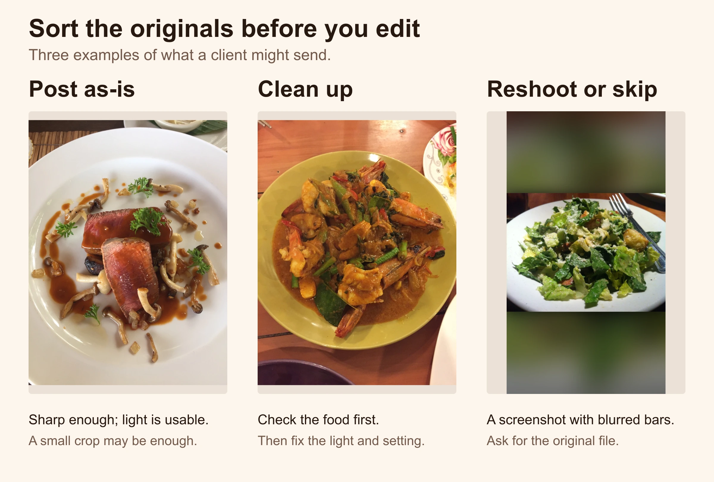 Three original client-photo examples side by side: a usable plate of meat, a dim warm-lit dish to clean up, and a salad screenshot with blurred bars that calls for the original file.