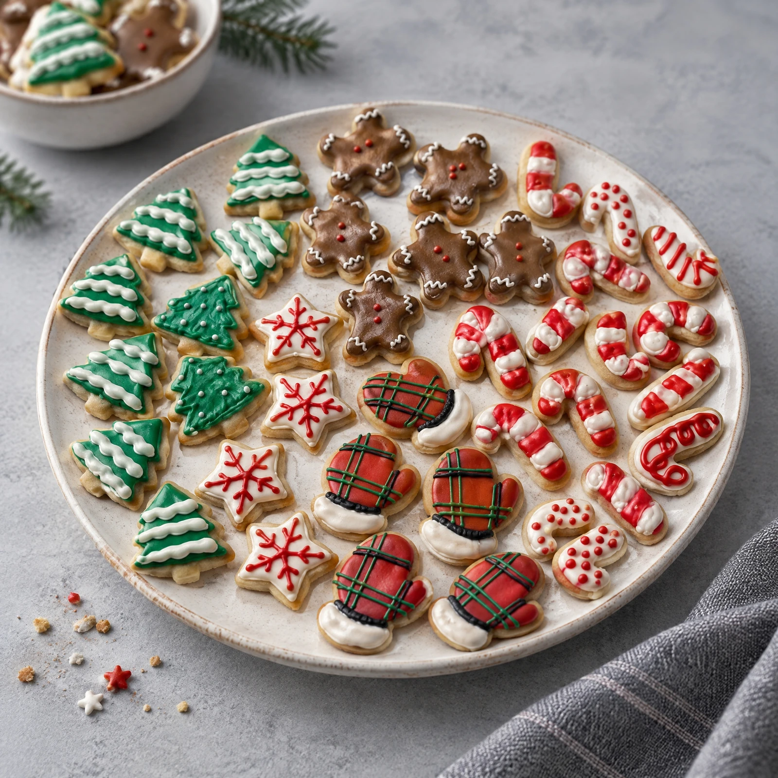 A rejected Chefolio Christmas-cookie scene with a new plate, a separate bowl of additional cookies, and regenerated food details.