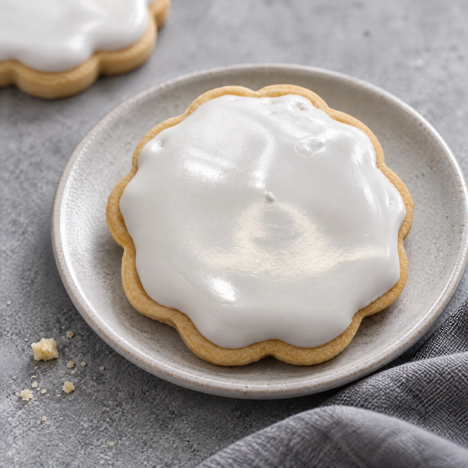 A Chefolio output showing the white-iced cookie on a gray plate, with generated crumbs, cloth and another background cookie.
