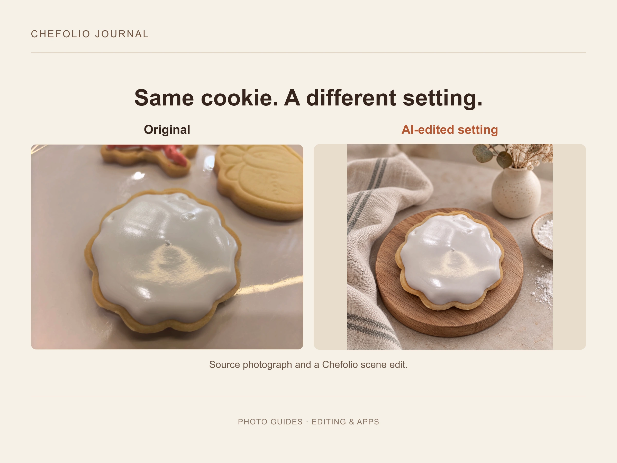 A source photograph of a white-iced cookie beside its Chefolio AI-edited setting, with separate Original and AI-edited setting labels.