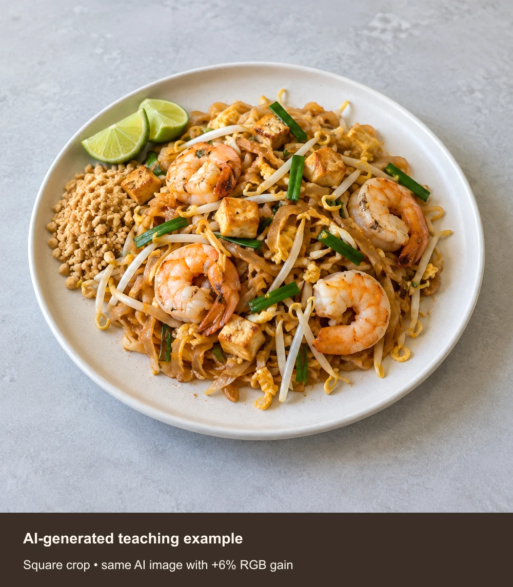 A square crop of the same AI-generated Pad Thai image after a six-percent global RGB brightness gain.