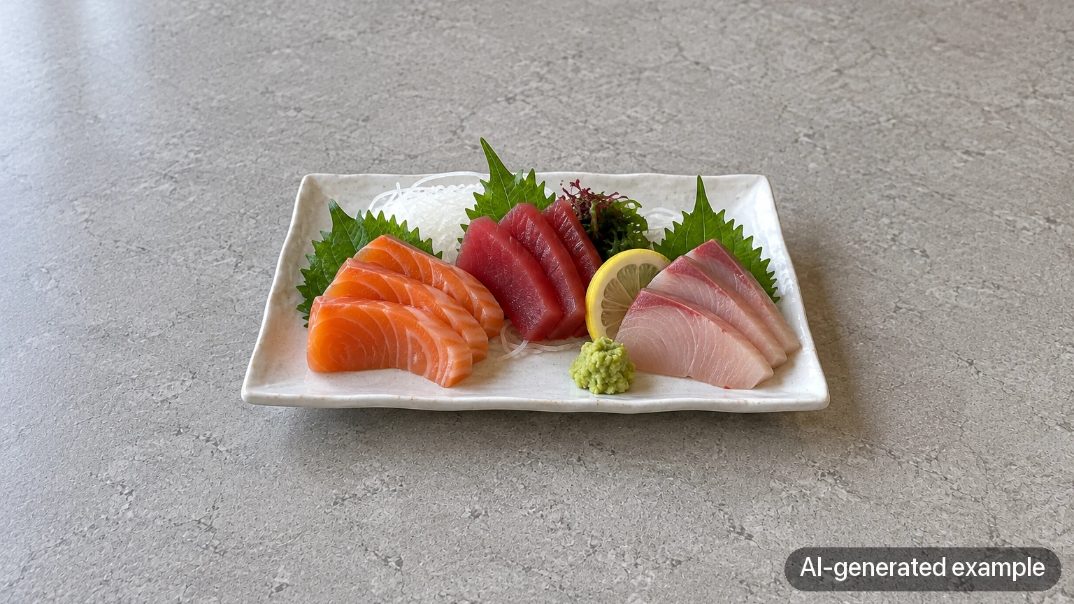 AI-generated 16:9 framing example of a complete sashimi plate surrounded by open gray tabletop.