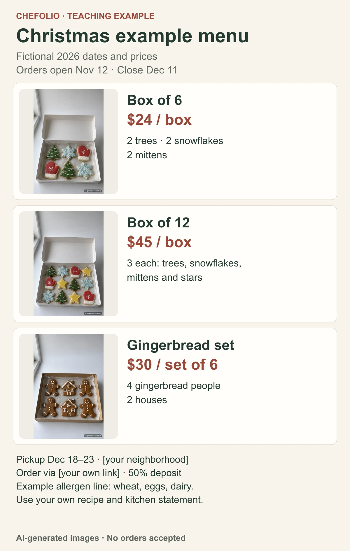 Example Christmas menu with three AI-generated cookie boxes, fictional prices of $24, $45 and $30, order dates and pickup information.