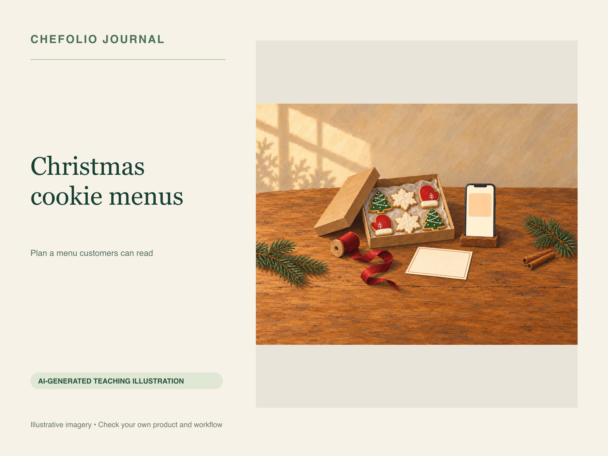 Christmas cookie illustration, with a kraft box of six cookies and a blank announcement card. AI teaching illustration; not a photographed test.