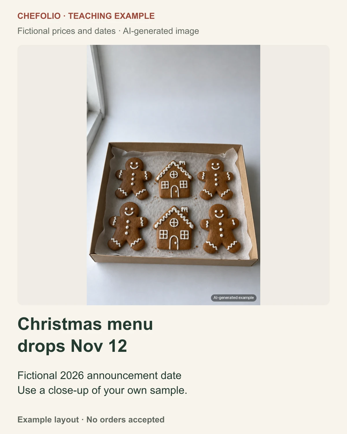 A branded teaching teaser layout with a labelled AI-generated tray of gingerbread cookies and the text Christmas menu drops Nov 12.