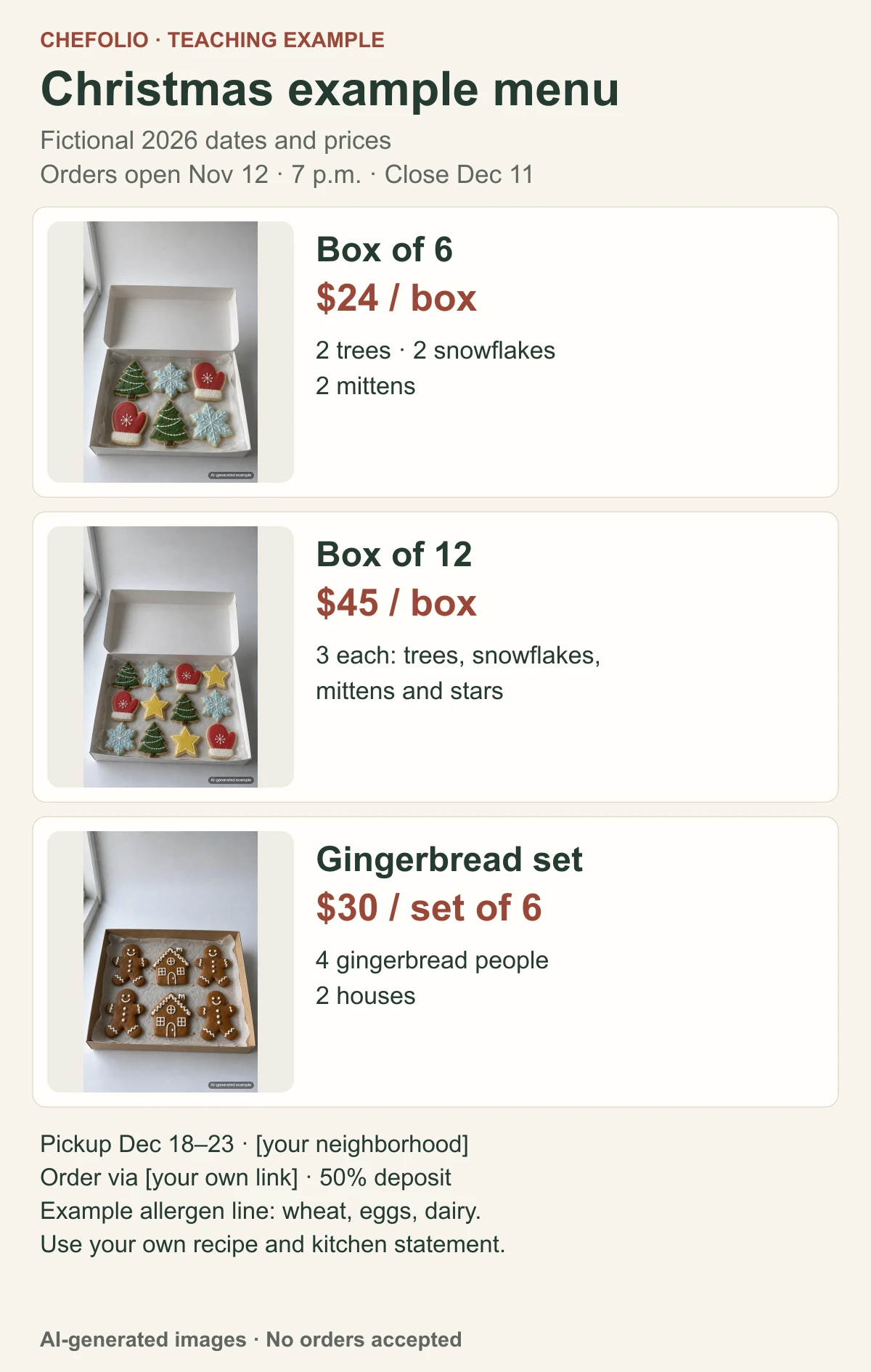 Example menu-reveal layout with three labelled AI-generated Christmas-cookie boxes, fictional prices and an opening time of Nov 12 at 7 p.m.
