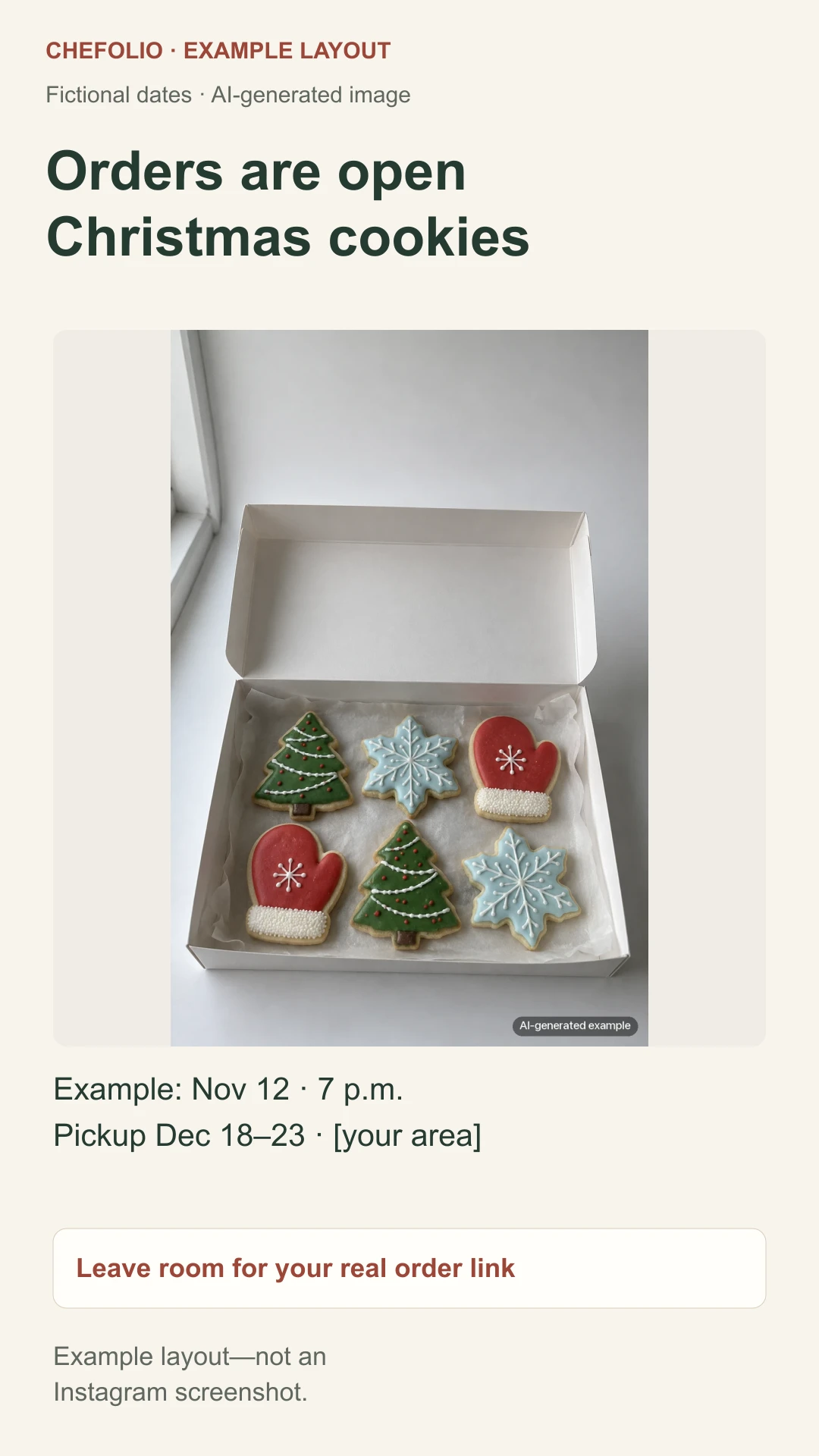A portrait teaching layout saying Orders are open, with a labelled AI-generated six-cookie Christmas box and a reserved area for an order link.