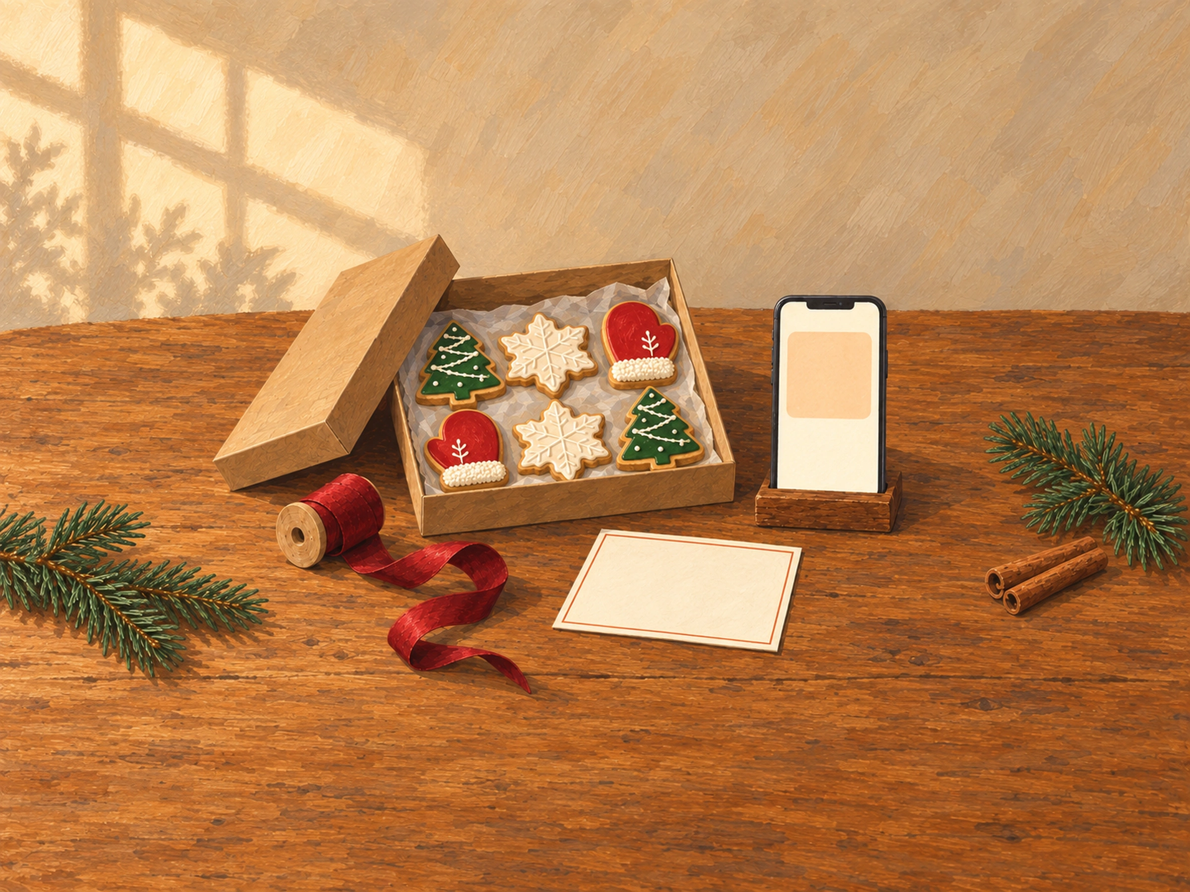 AI-generated illustration. Gouache illustration of six Christmas cookies in a kraft box beside a blank phone and blank announcement card on a wooden table.