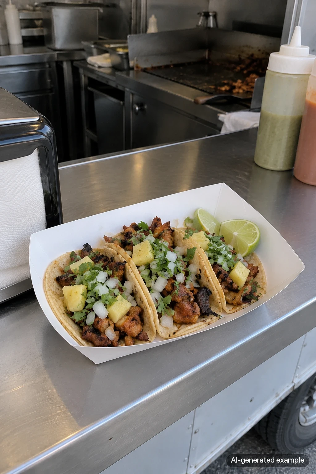 Labelled AI-generated example of three tacos in a paper boat on a food truck service counter.