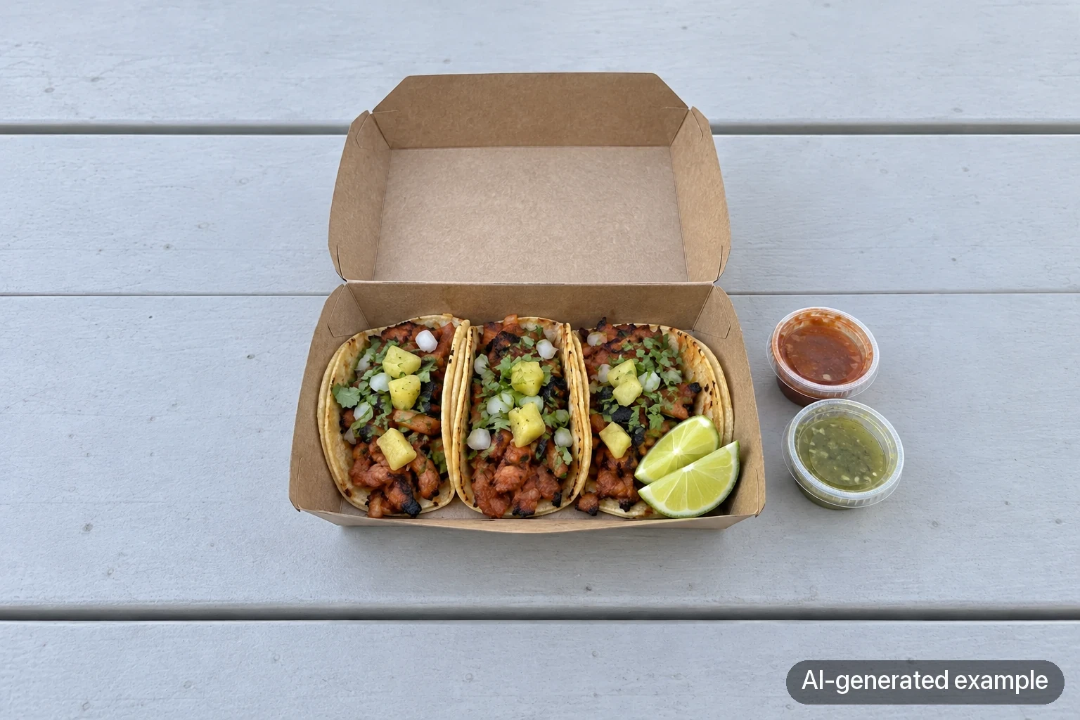 Labelled AI-generated landscape example of tacos in an open cardboard takeaway box with salsa cups beside it.