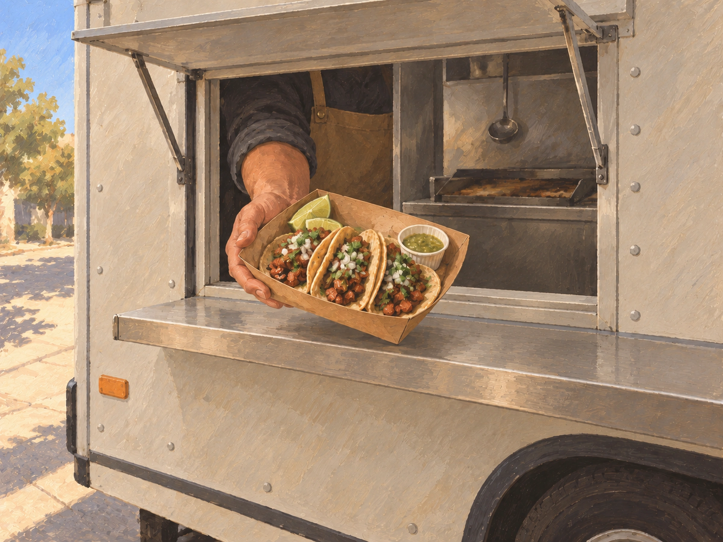 AI-generated illustration. Gouache illustration of a worker presenting three tacos and green salsa at the shaded service window of an unbranded food truck.