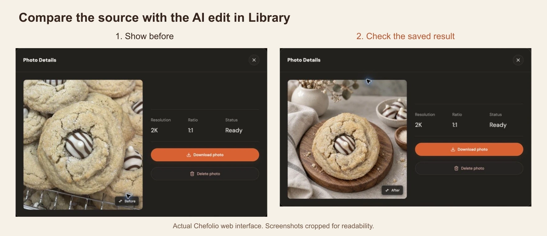 Two actual Chefolio Library screenshots: the full source cookie tray at left and a saved AI-edited single-cookie scene at right.