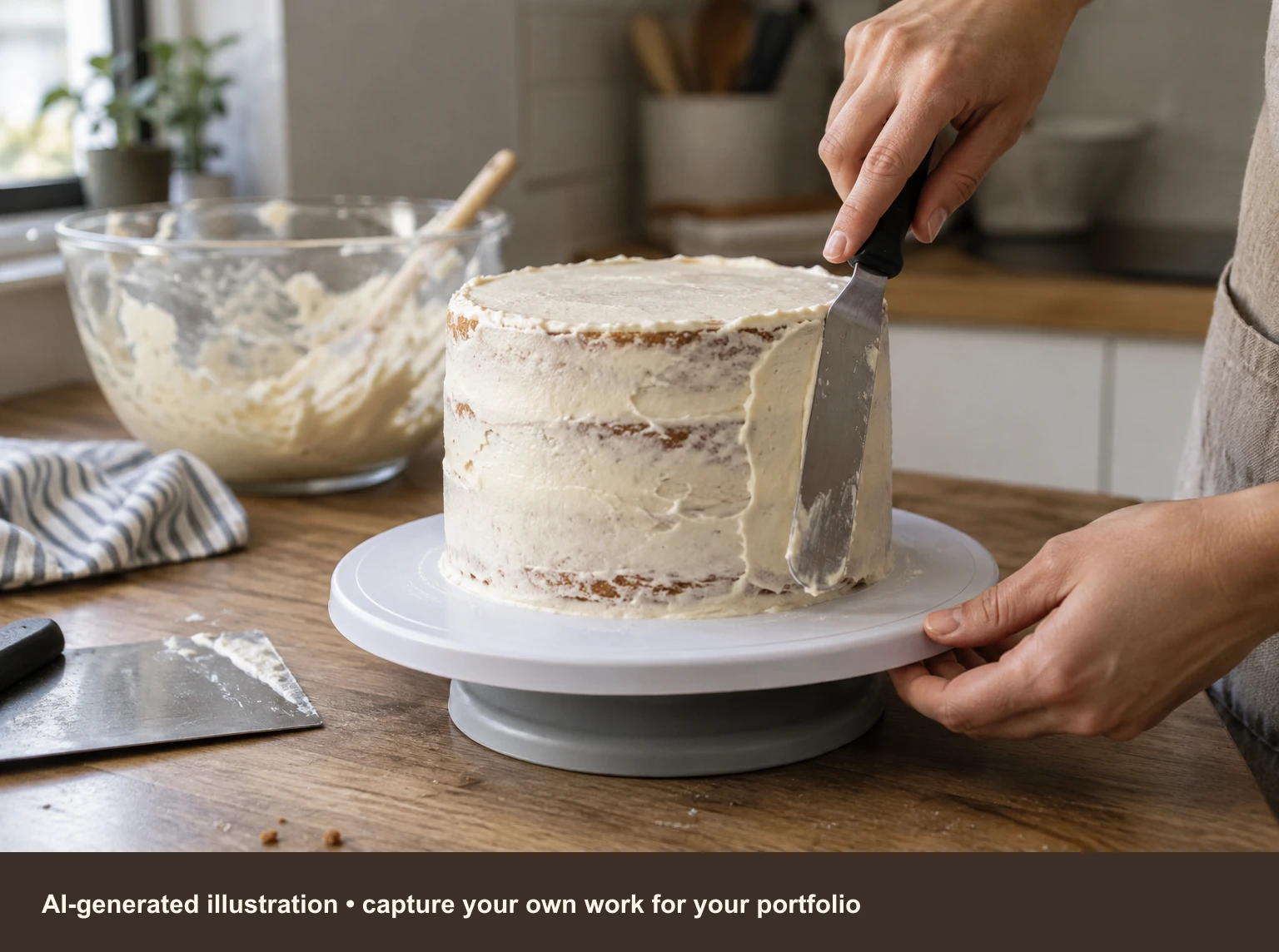 AI-generated illustration of anonymous hands applying a crumb coat to a small layer cake on a turntable, with an unfinished frosting surface.