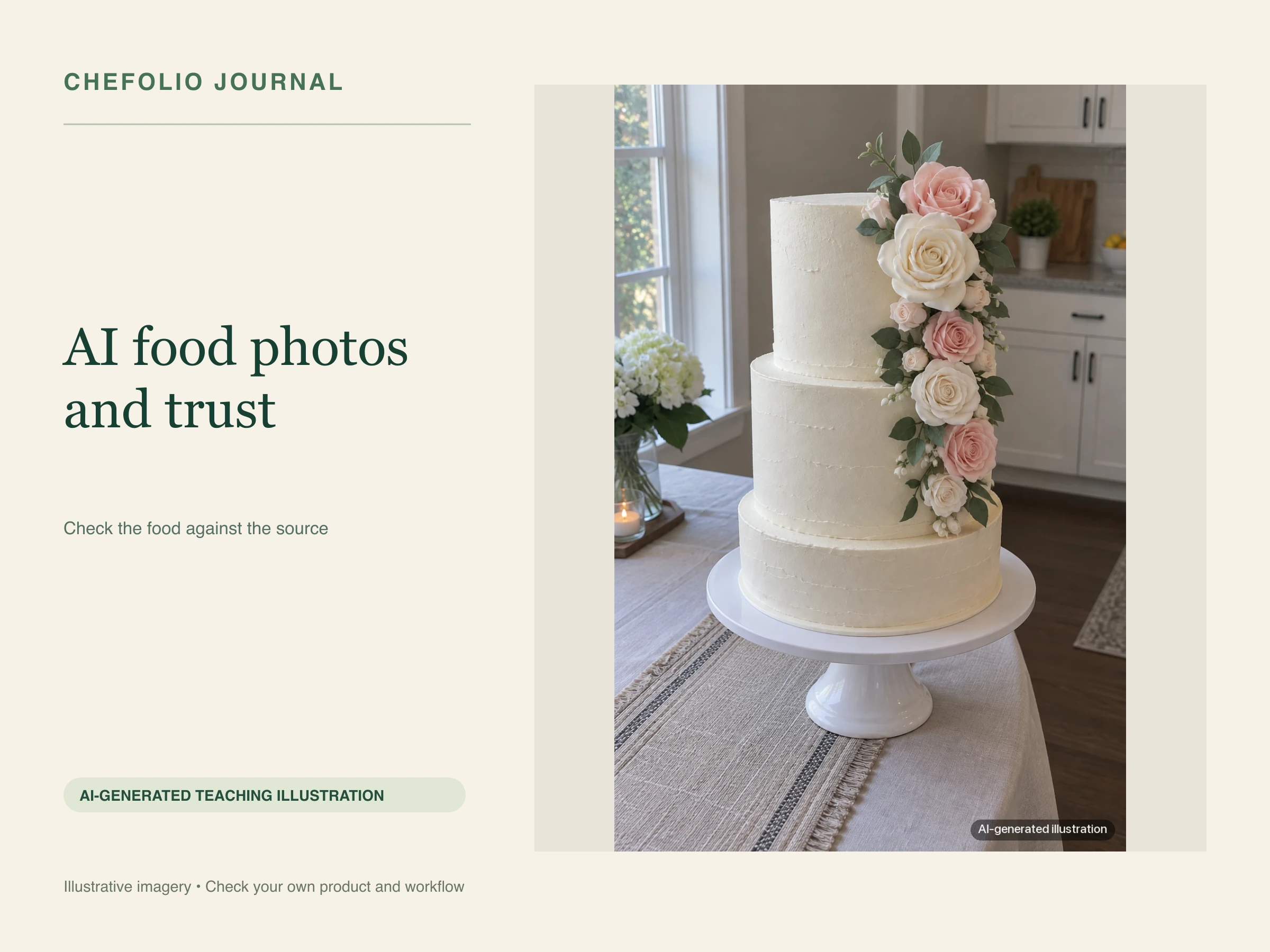 AI-generated white tiered cake illustrating why attractive imagery needs a product accuracy check. AI teaching illustration; not a photographed test.