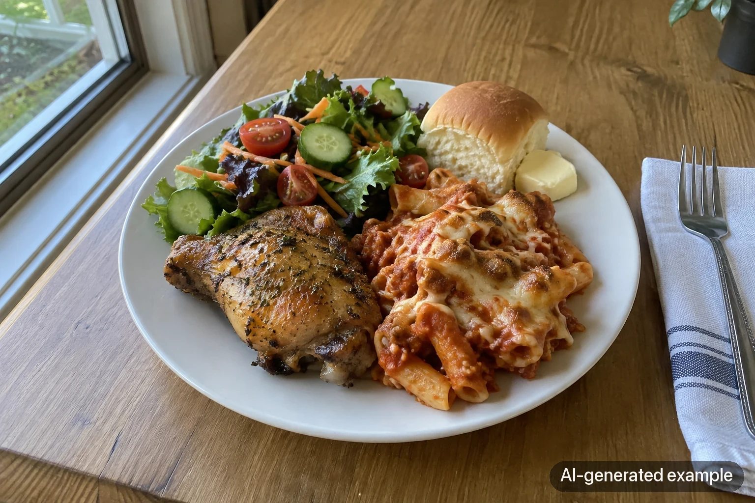 Labelled AI-generated illustration of a guest plate with chicken, pasta, salad and a roll beside a window.
