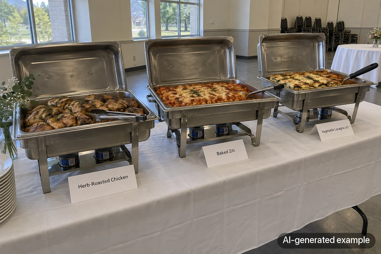 Labelled AI-generated example of a buffet table with three open chafing dishes and dish-name cards.