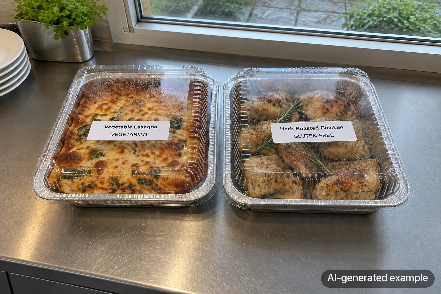 Labelled AI-generated illustration of two covered aluminium catering trays with example dish and dietary labels.