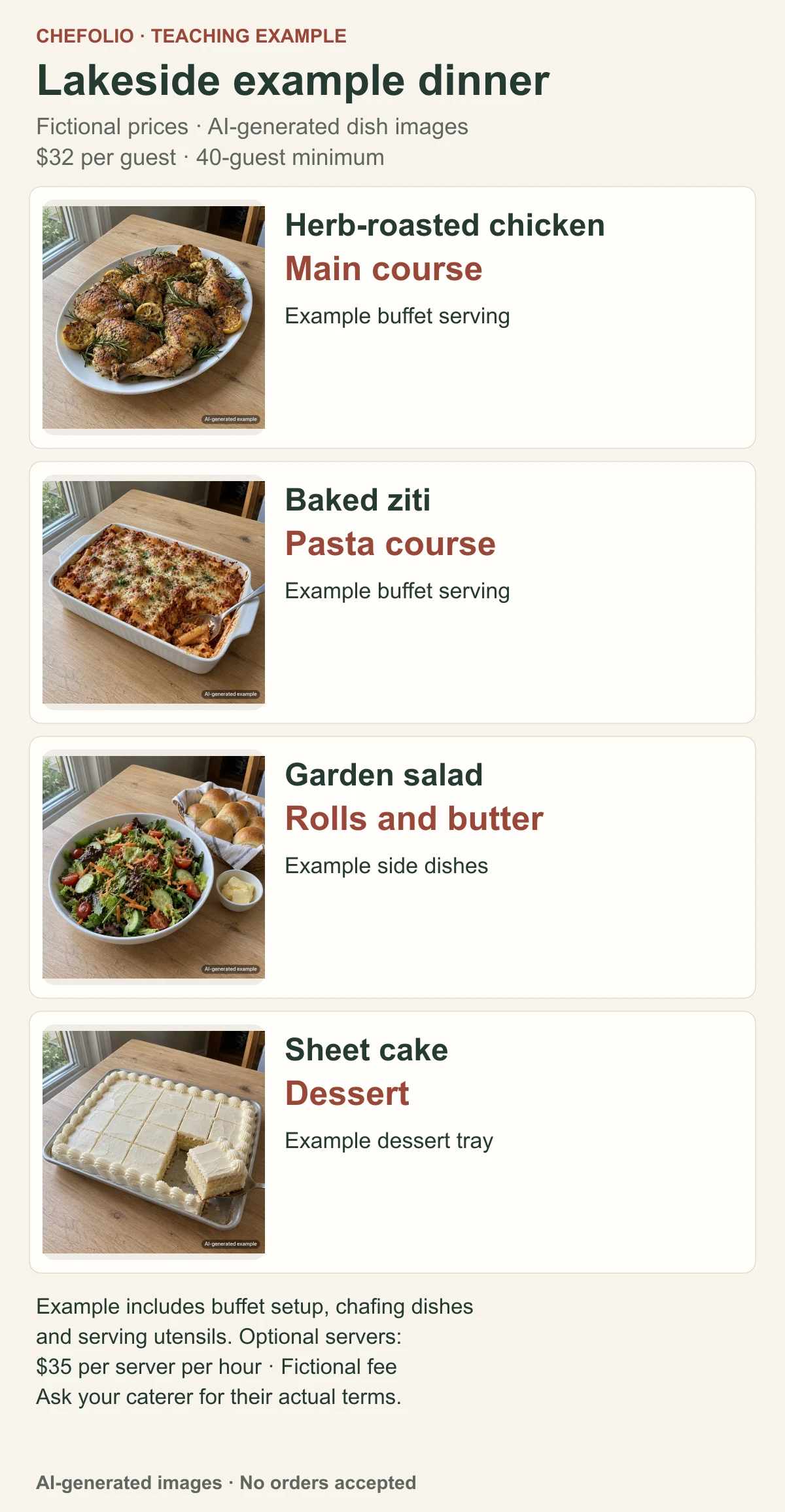 Teaching catering menu with four labelled AI-generated dish images and fictional terms of $32 per guest, a 40-guest minimum and $35 per server per hour.