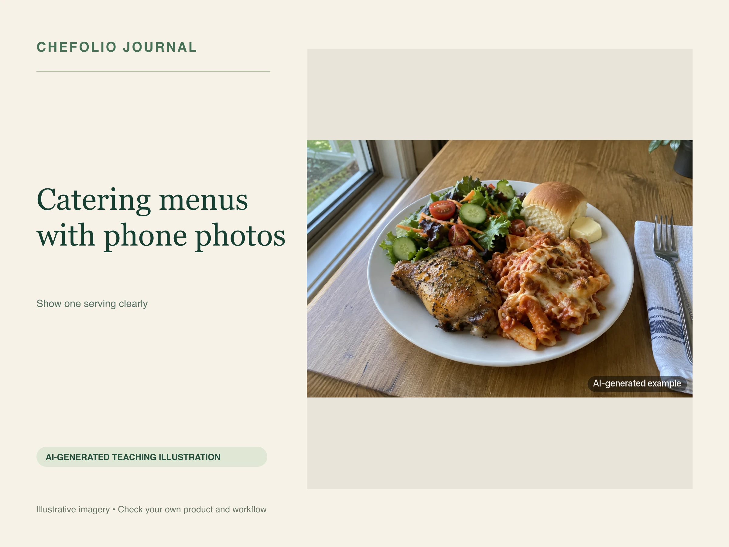 AI-generated catering plate with chicken, pasta, salad and a bread roll. AI teaching illustration; not a photographed test.