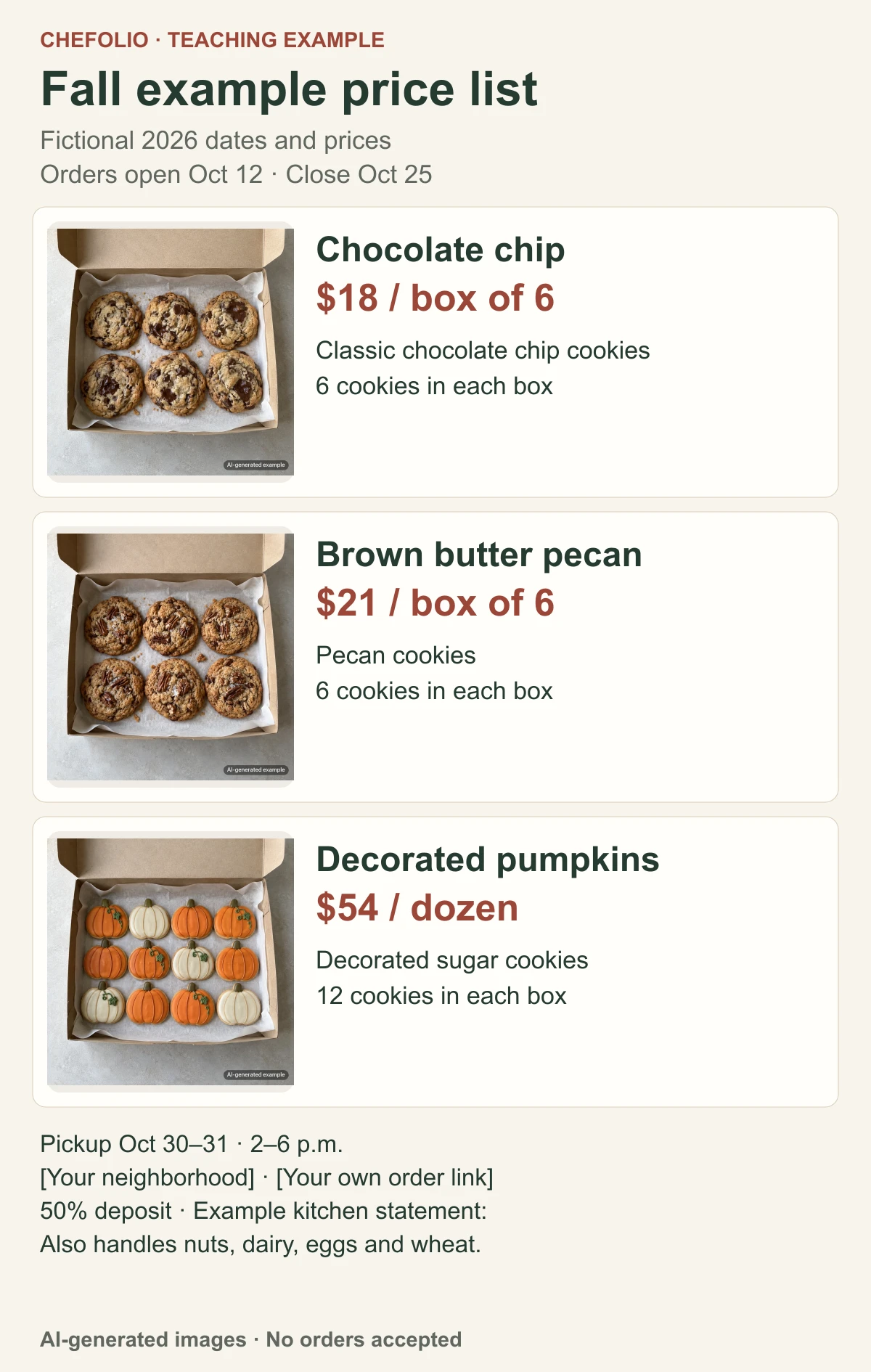 An example fall cookie price list with three labelled AI-generated product images and fictional prices of $18 per six, $21 per six and $54 per dozen.