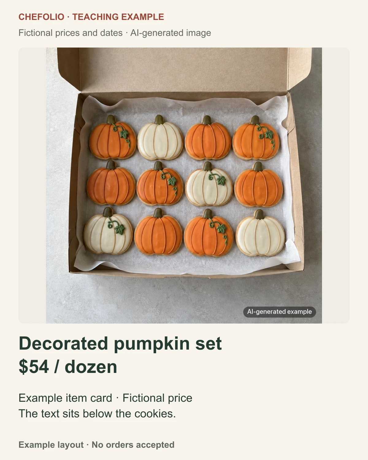 Example card showing a labelled AI-generated box of twelve pumpkin cookies above the text Decorated pumpkin set, $54 per dozen.