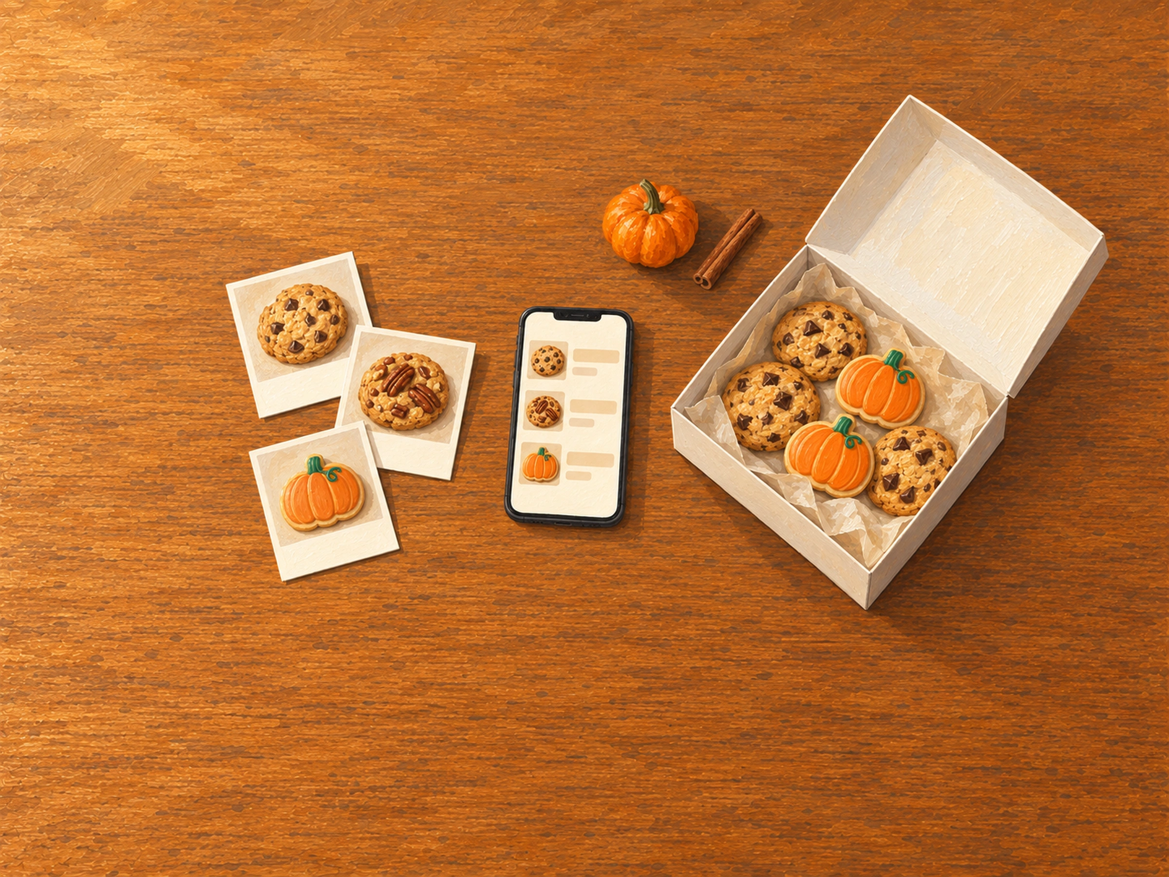 AI-generated illustration. Gouache illustration of a phone with three cookie photo-menu rows beside matching printed cards and an open bakery box.