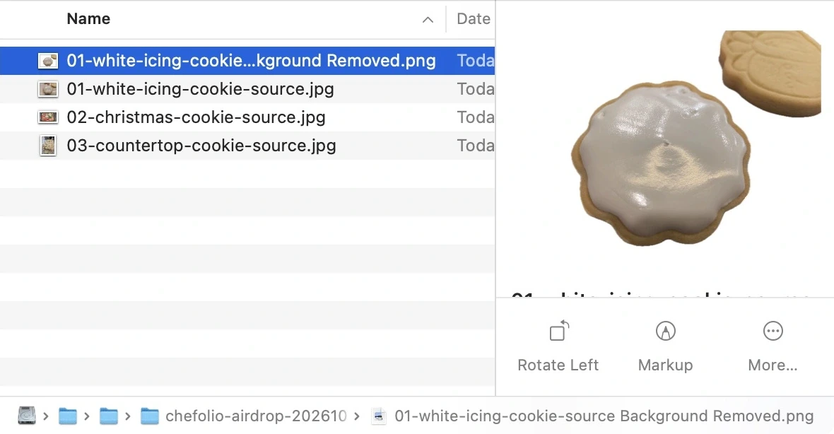 Actual Finder screenshot with the source cookie JPEG and a Background Removed PNG; its preview retains a white-iced cookie and a second plain cookie.