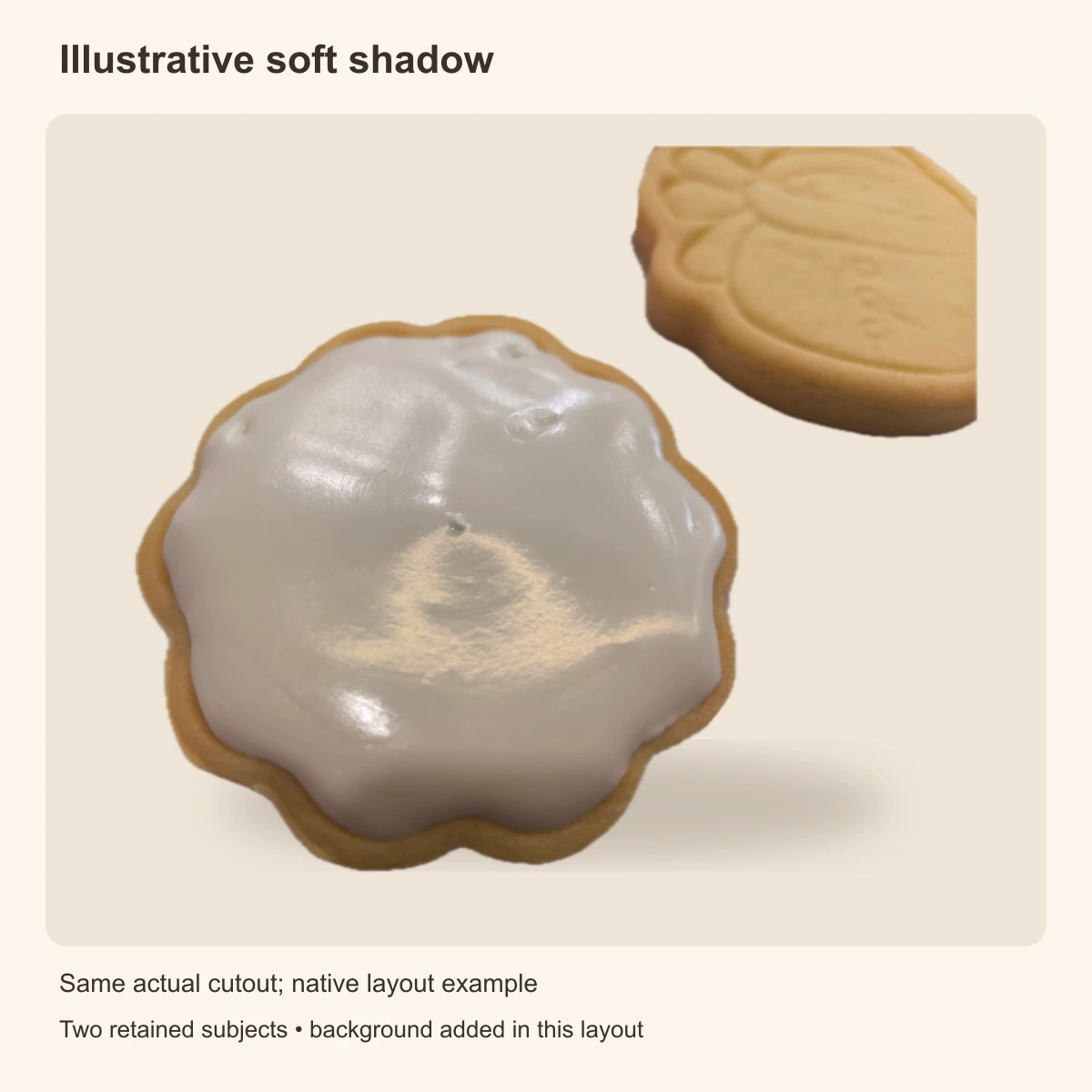 The same two-cookie cutout on the same cream background with an illustrative soft shadow added beneath it.