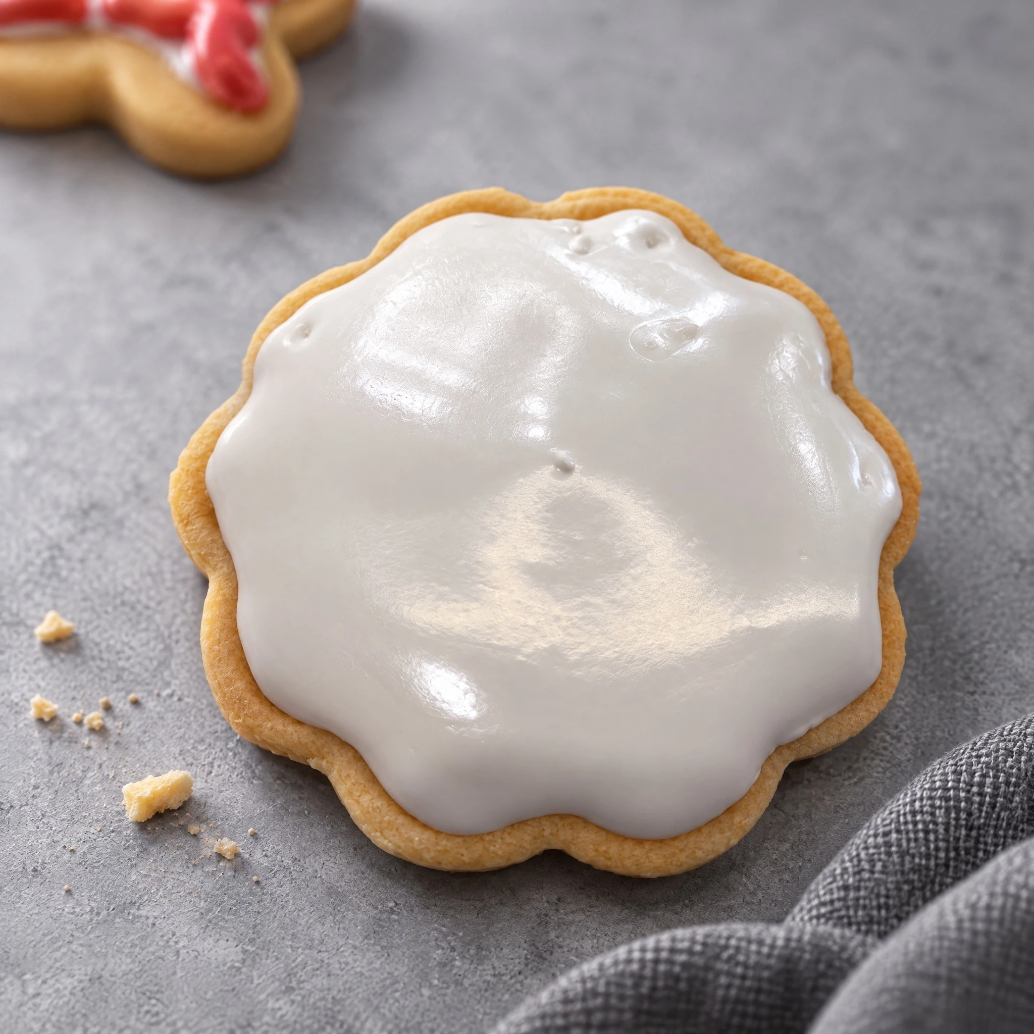 Chefolio AI output with a white-iced foreground cookie, gray surface, cloth, crumbs and background food.