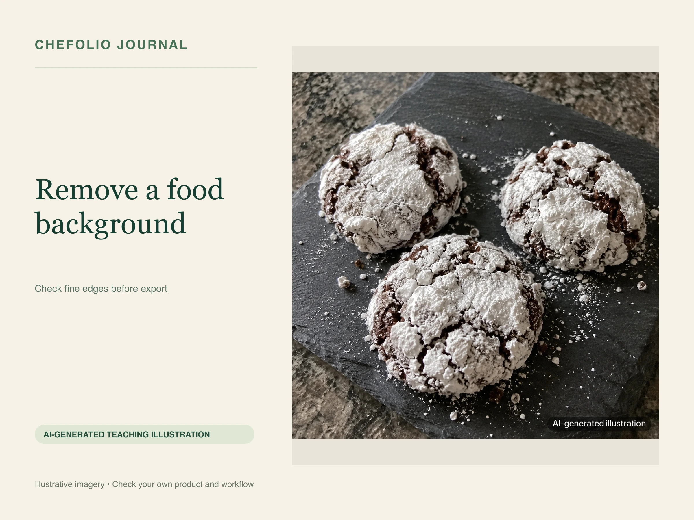 AI-generated powdered chocolate cookies illustrating difficult edges; no cutout result is shown. AI teaching illustration; not a photographed test.