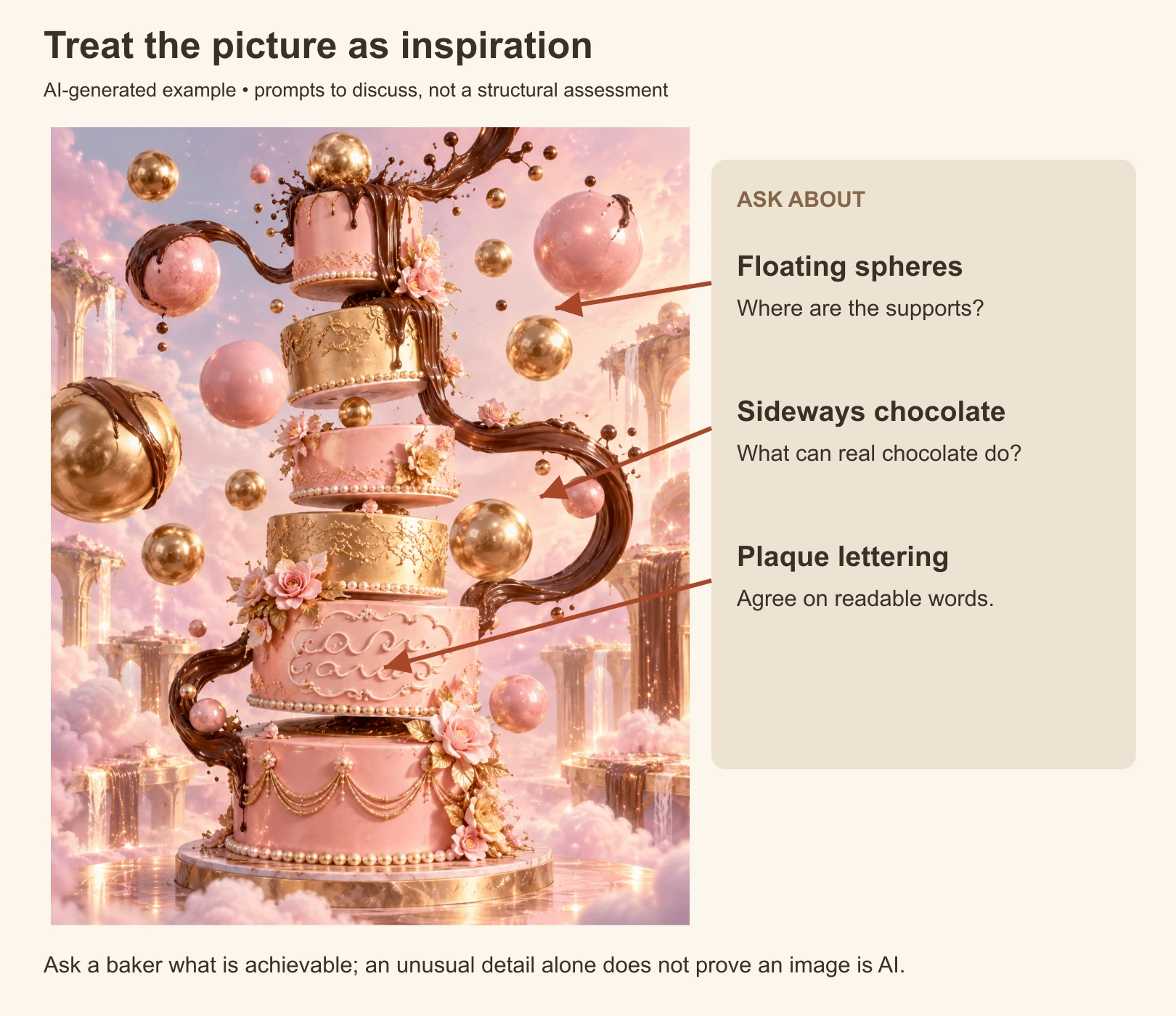 Annotated AI-generated pink-and-gold cake illustration with arrows pointing to floating spheres, sideways chocolate streams and unreadable plaque lettering.