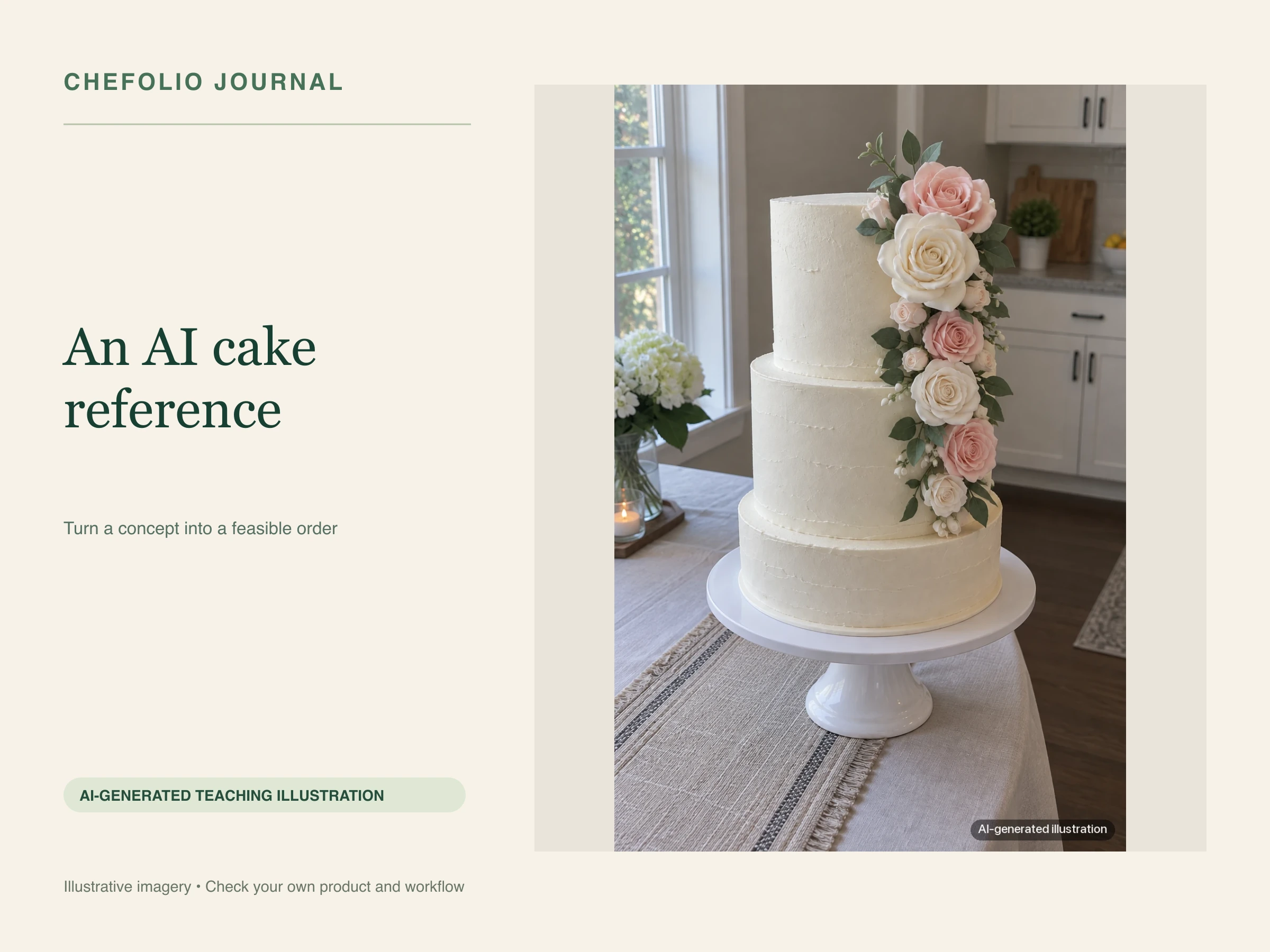 AI-generated tiered cake used as a fictional design reference, not a client order or a finished cake. AI teaching illustration; not a photographed test.