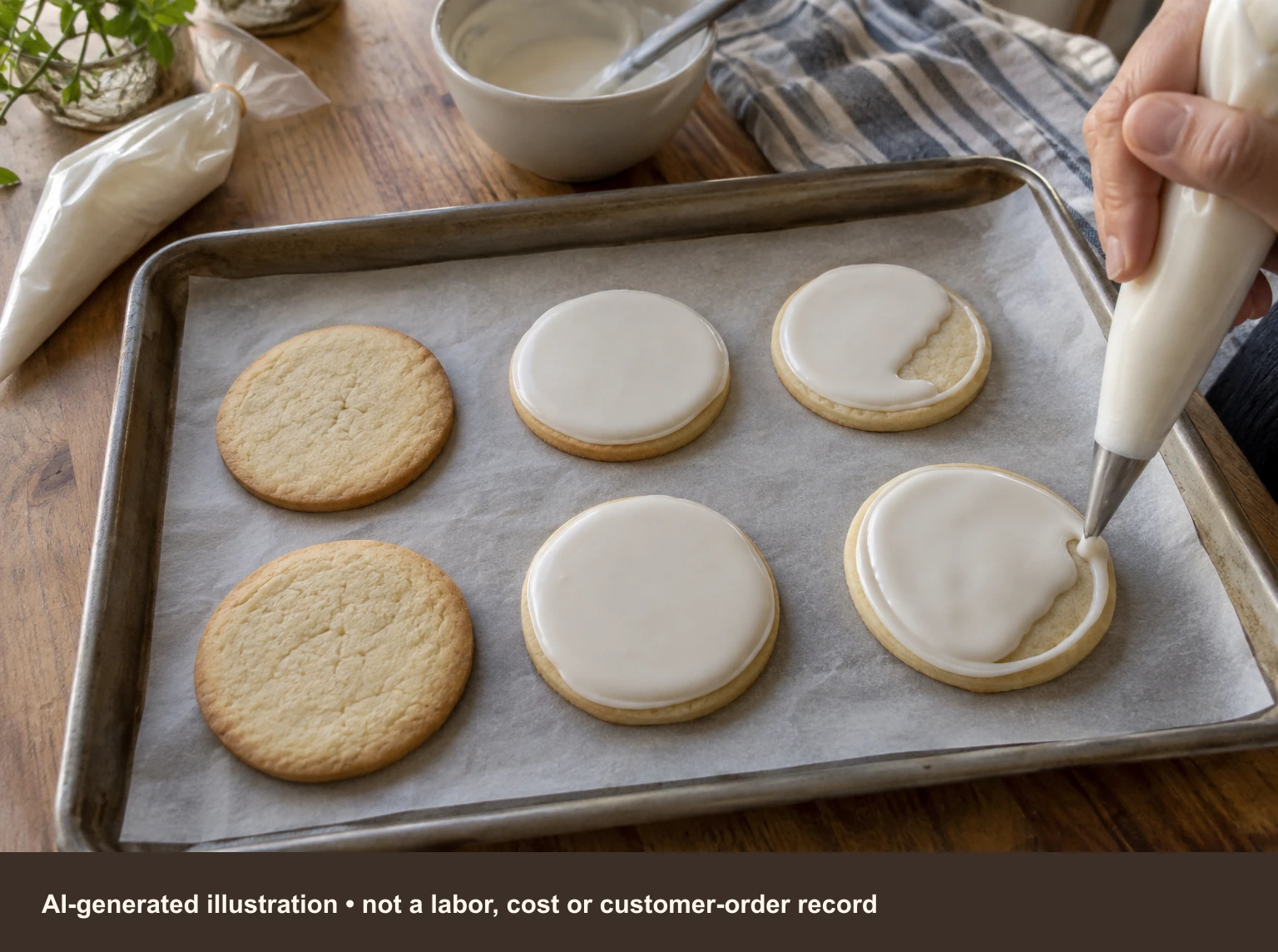 AI-generated illustration of six round sugar cookies at different decorating stages on a tray, with a piping nozzle over one unfinished cookie.