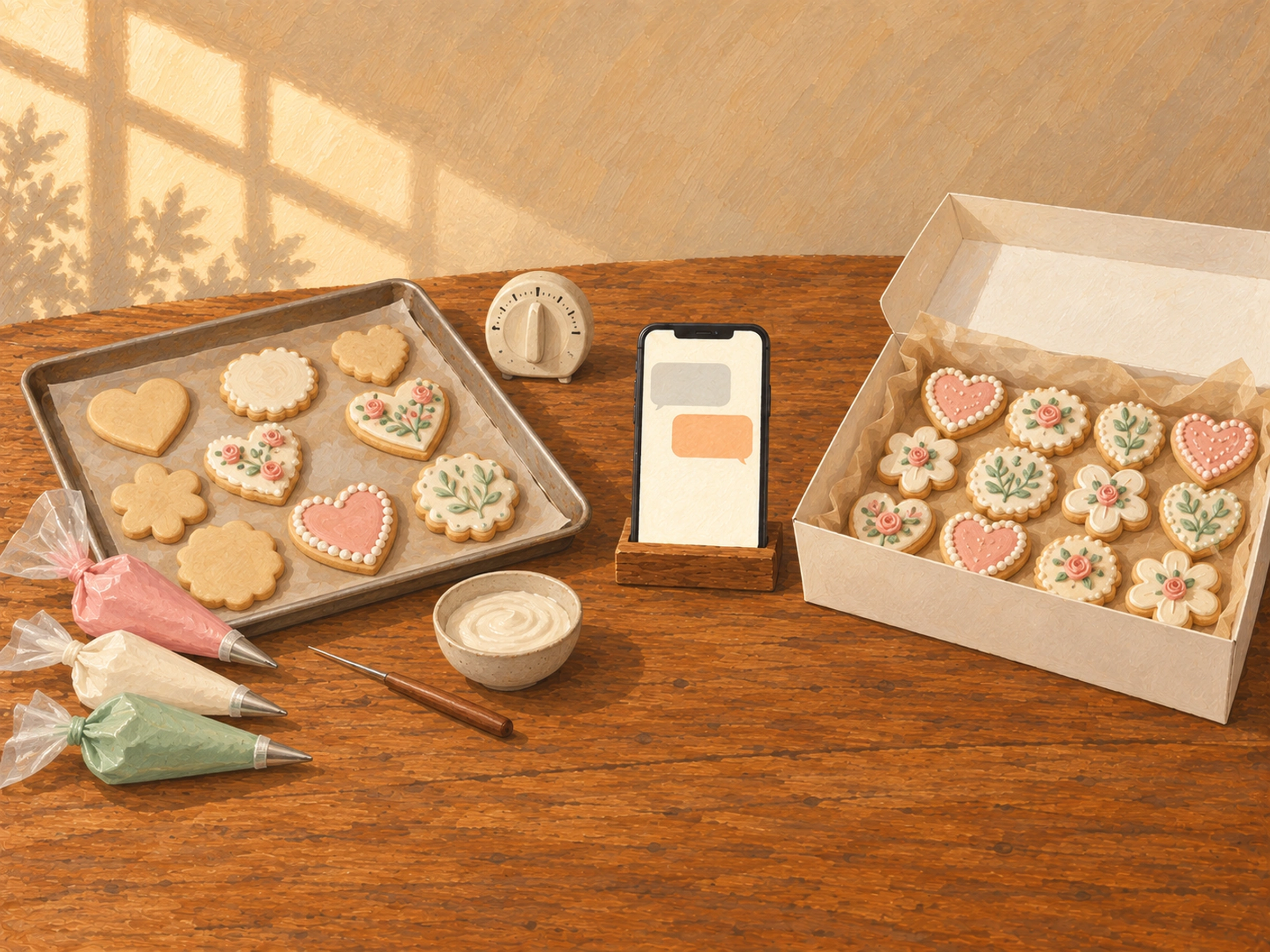AI-generated illustration. Gouache illustration of cookies at different decorating stages, a finished dozen-cookie box and a phone with two blank message bubbles.