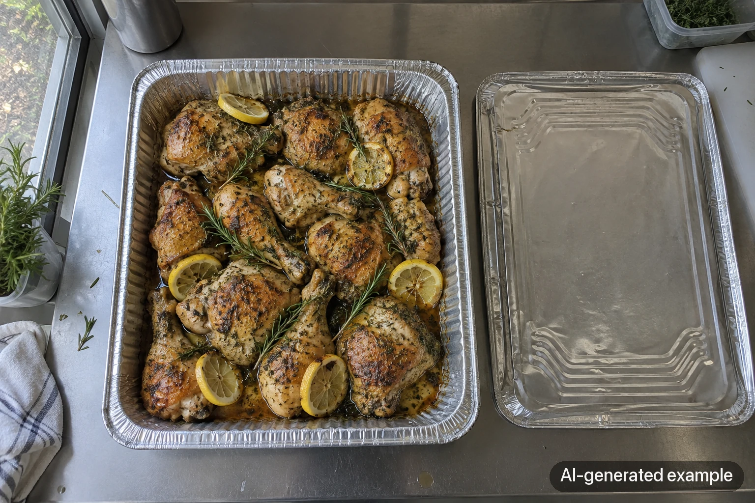 AI-generated near-overhead example of roasted chicken in a tray, showing the top surfaces.