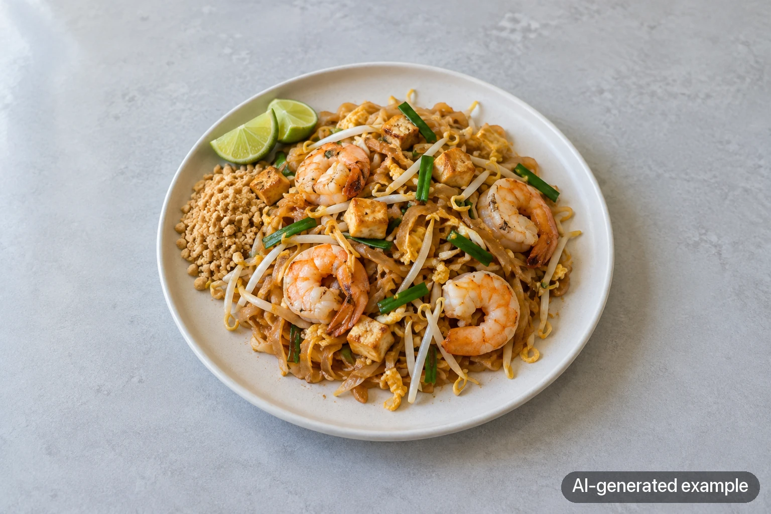 AI-generated oblique example of Pad Thai on a plate, showing the top and near edge.