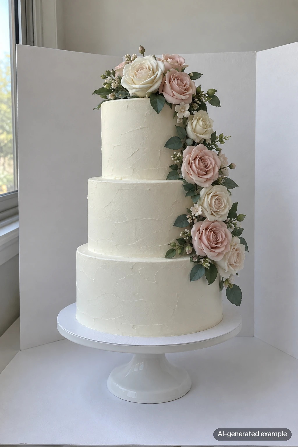 AI-generated near-eye-level example of a three-tier white floral cake, showing the tier heights.