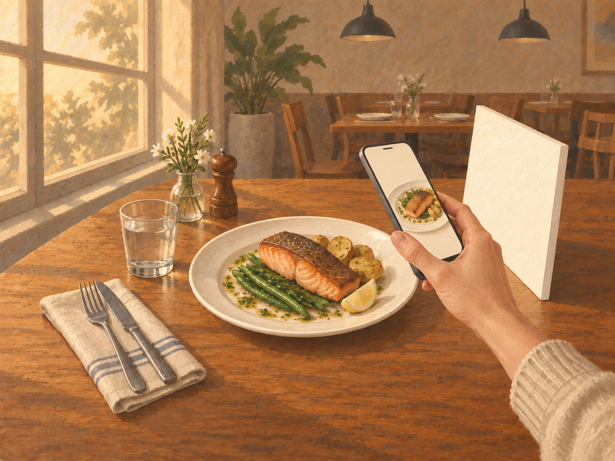 AI-generated illustration. Gouache illustration of a hand holding a phone above a salmon plate beside a window and a white reflector.