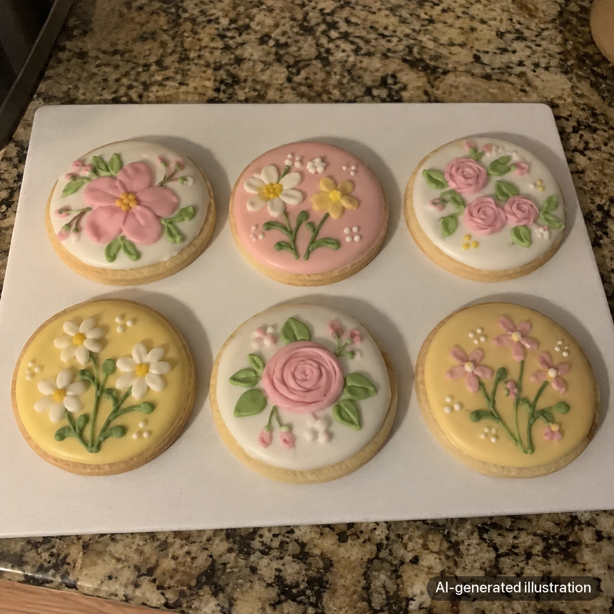 AI-generated illustration of six floral cookies with a warm-looking, relatively flat light.