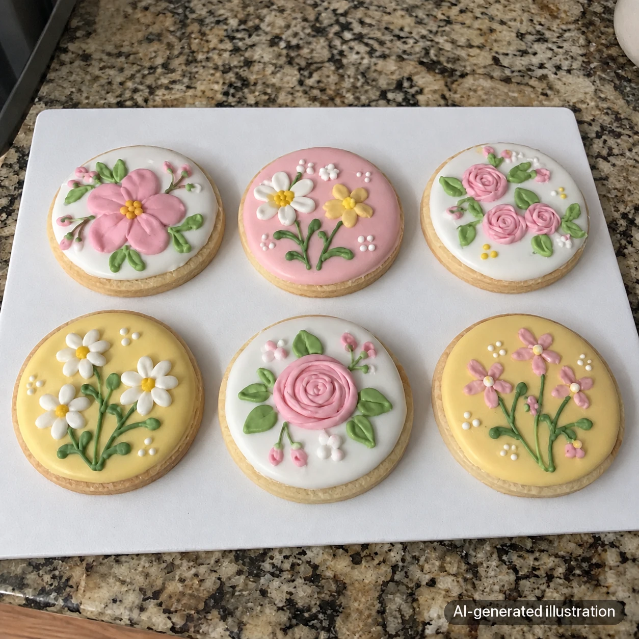 AI-generated illustration of similar floral cookies with brighter, neutral-looking side light.