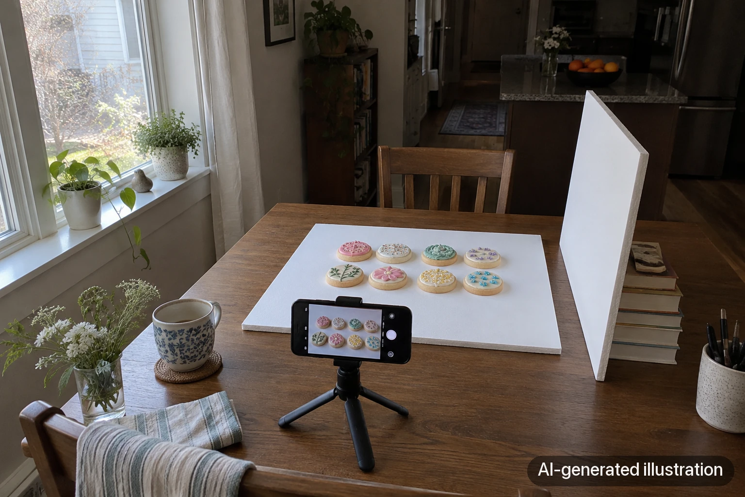AI-generated teaching illustration of decorated cookies on a white board next to a window, with a phone tripod in front and a reflector opposite the window.