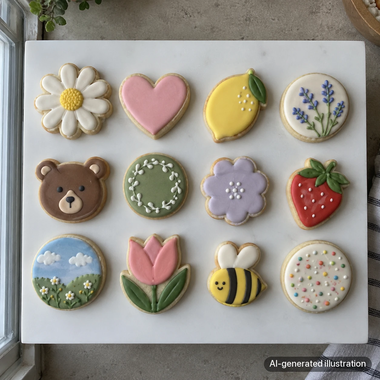 AI-generated overhead example of decorated cookies in a grid, showing their icing designs.