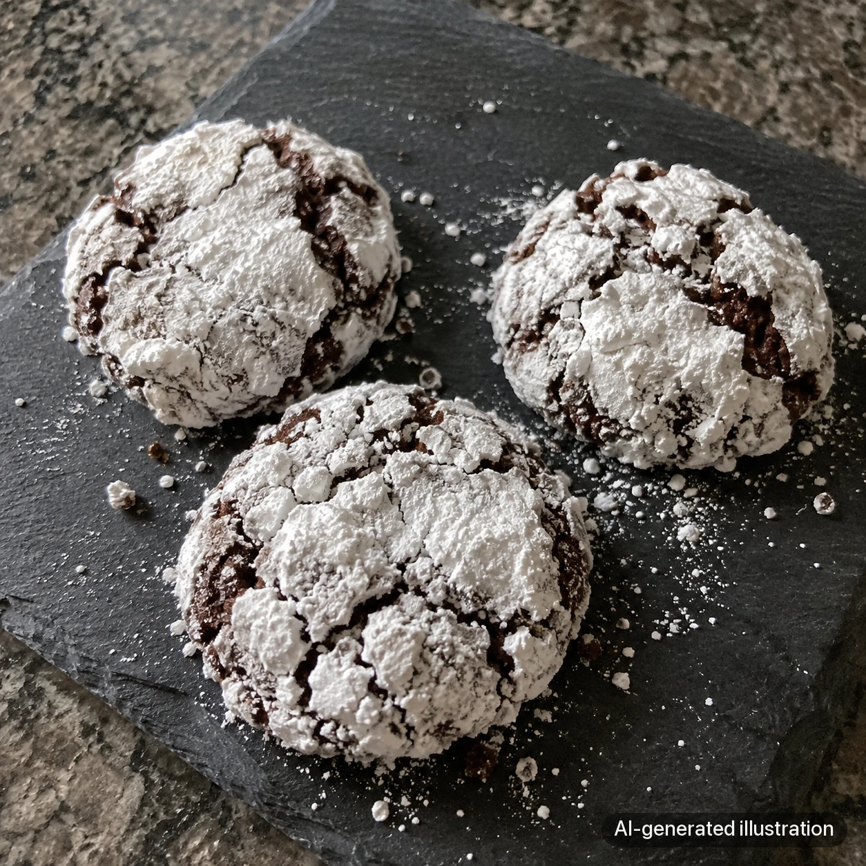 AI-generated low oblique example of thick powdered crinkle cookies, showing their edges and cracked surfaces.