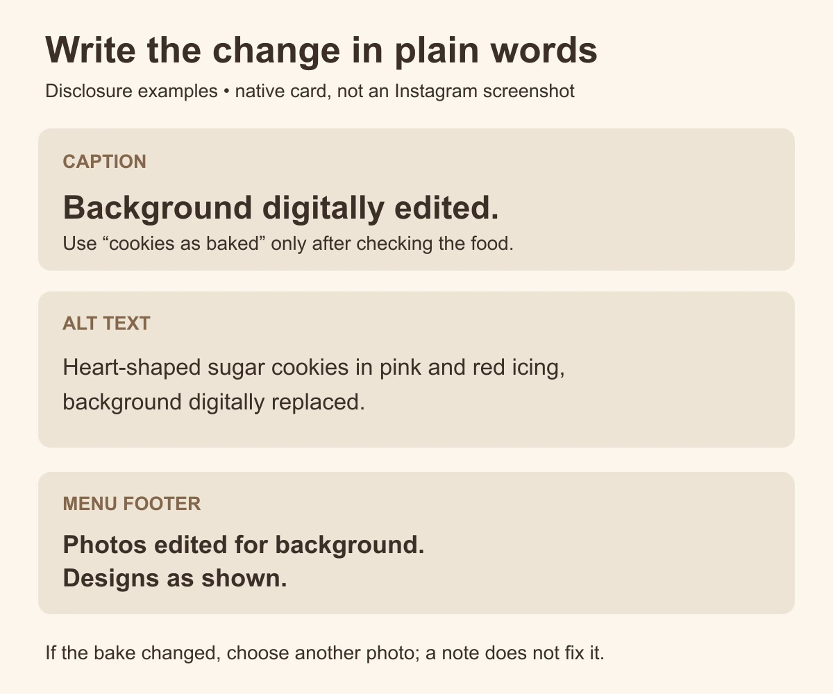 Native typography card with example wording for a caption, alt text and menu footer; it is not a screenshot of any app.