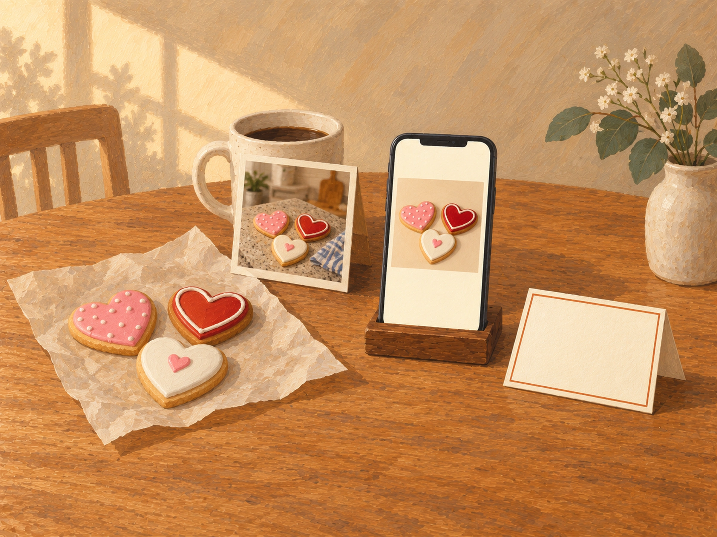 AI-generated illustration. Gouache illustration of three matching heart cookies shown on parchment, a printed photo and a phone beside a blank disclosure card.