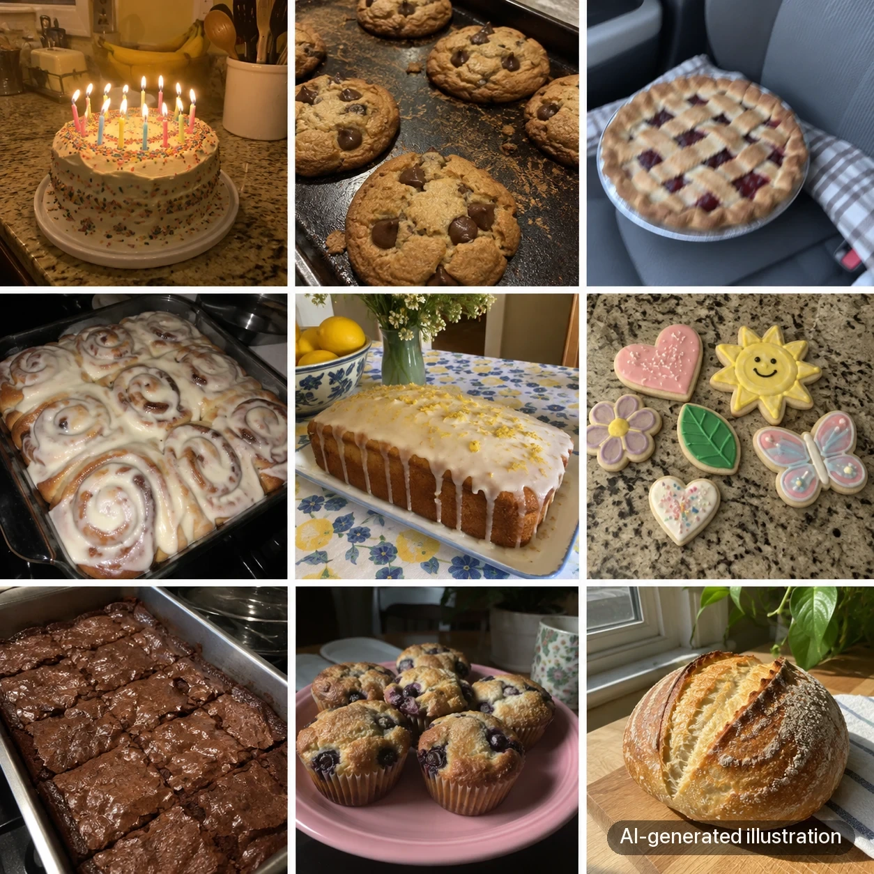 AI-generated nine-image bakery grid with mixed kitchen surfaces, warm and cool light, and varied angles.