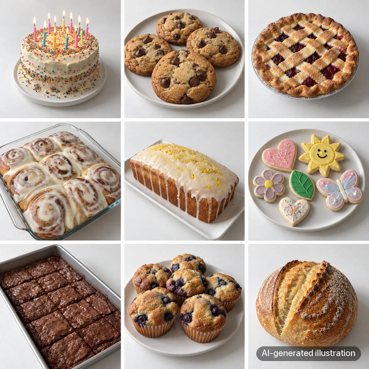 AI-generated nine-image bakery grid with more consistent plain backgrounds, soft light and repeated food views.