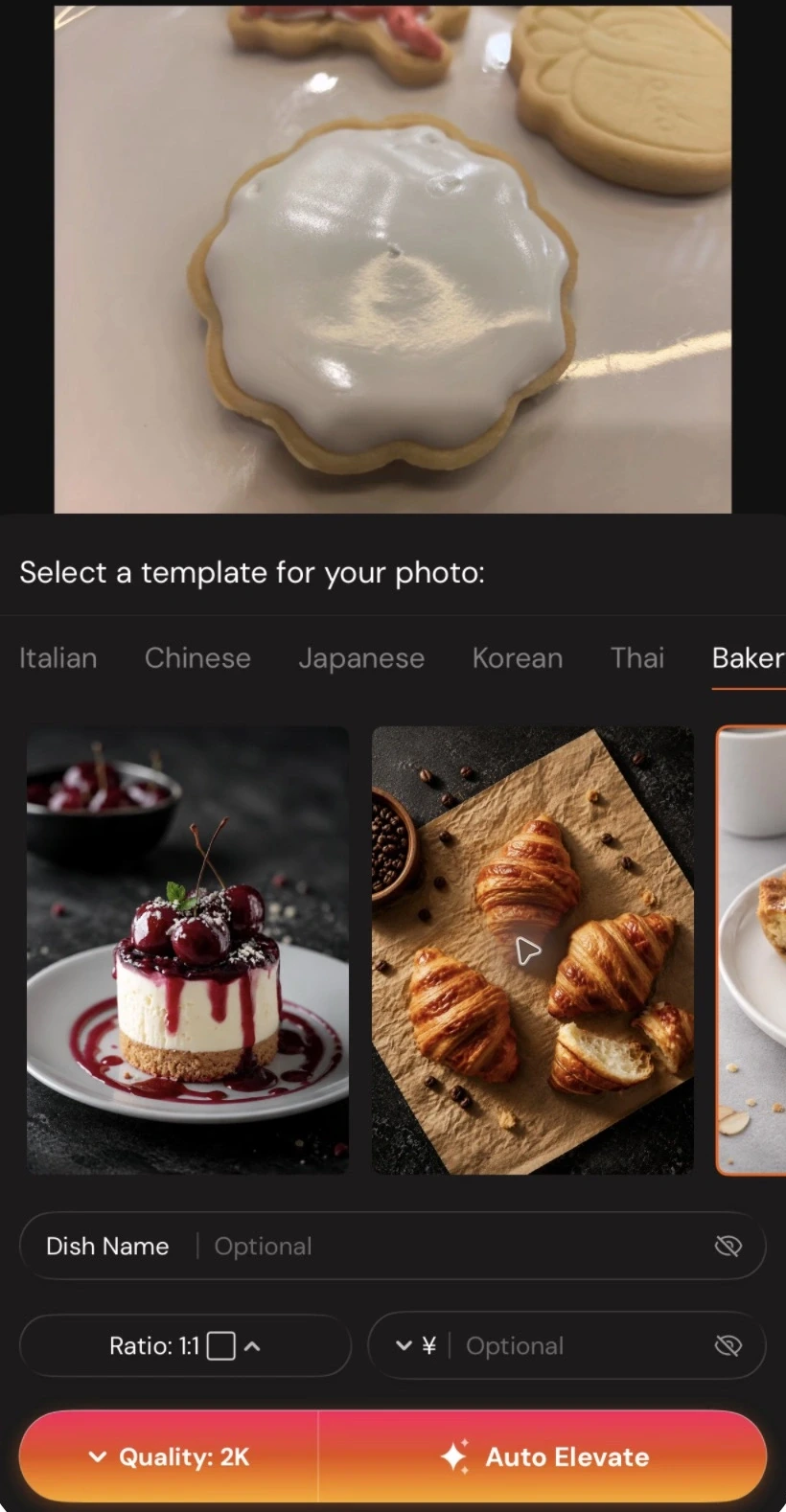 Actual Chefolio iPhone settings screen with a source cookie photo, Bakery selected, Ratio one-by-one, Quality 2K, and optional dish-name and price fields.